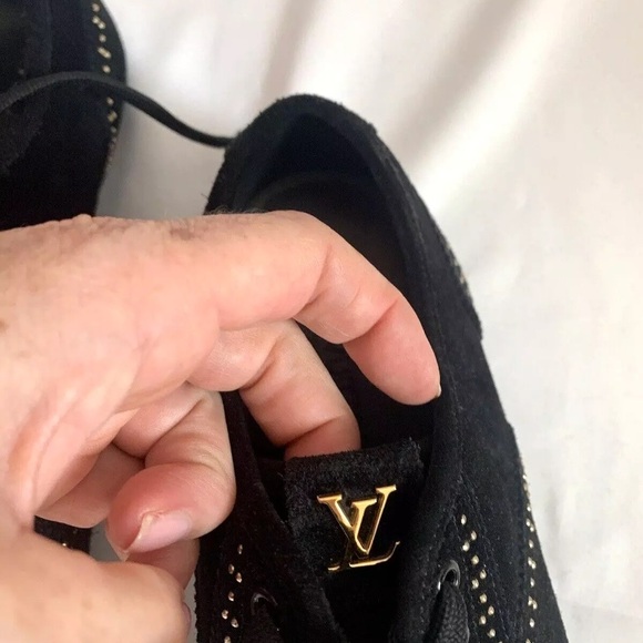 Louis Vuitton Black Suede Sneakers with Gold Studs - size 38.5  US 8.5 - Picture 5 of 6